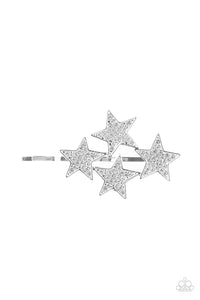 bobby pin,patriotic,silver,stars,white,Stellar Celebration - White Hair Accessory