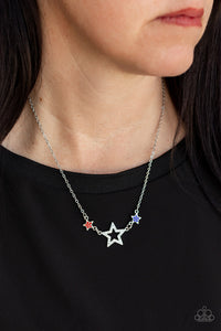 blue,patriotic,red,short necklace,stars,white,United We Sparkle - Multi Star Rhinestone Necklace
