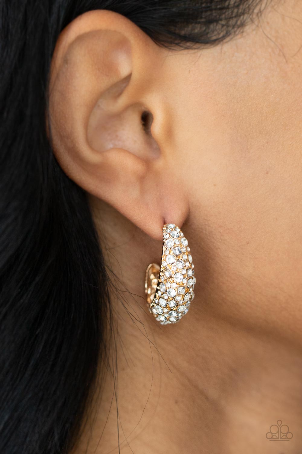 Glamorously Glimmering - Gold Rhinestone Hoop Earrings Paparazzi Accessories