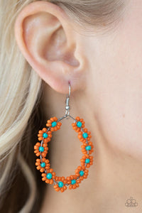 fishhook,floral,orange,seed bead,Festively Flower Child - Orange Seed Bead Earrings
