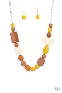 brown,multi,short necklace,wooden,yellow,Tranquil Trendsetter - Yellow Necklace