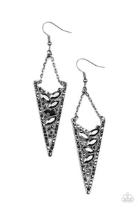 fishhook,gunmetal,hematite,rhinestones,Sharp-Dressed Drama - Black Gunmetal Hematite Rhinestone Earrings