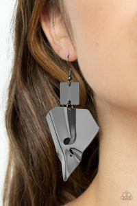 fishhook,gunmetal,Deceivingly Deco - Black Gunmetal Earrings
