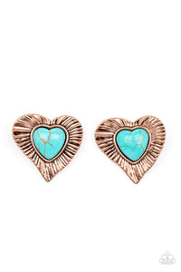 blue,copper,crackle stone,hearts,turquoise,Rustic Romance - Copper Heart Earrings