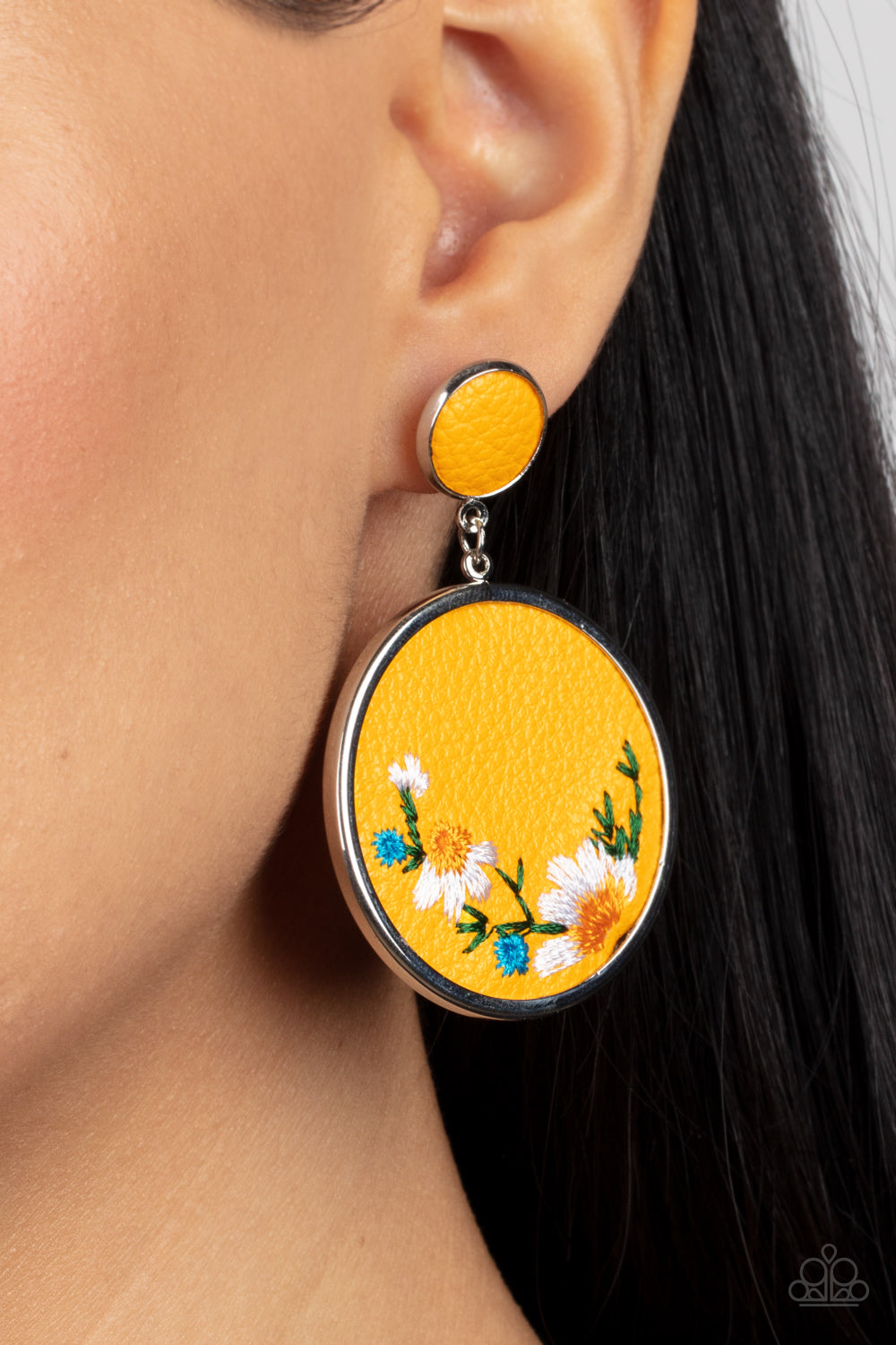 Embroidered Gardens - Yellow Floral Leather Post Earrings Paparazzi Accessories