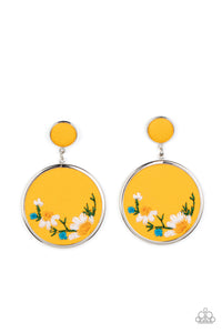 floral,leather,post,yellow,Embroidered Gardens - Yellow Floral Leather Post Earrings
