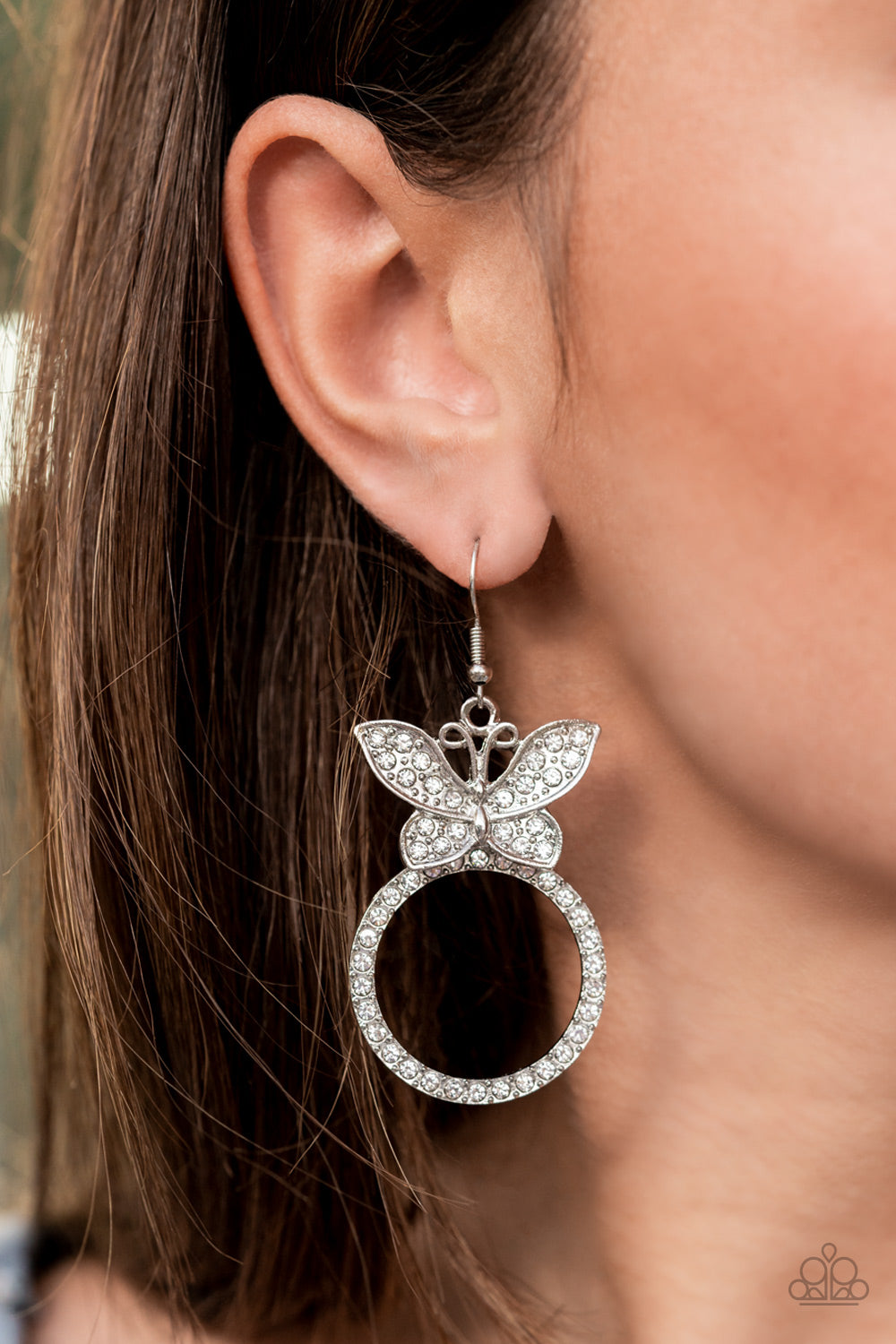 Paradise Found White Rhinestone Butterfly Earrings Paparazzi Accessories