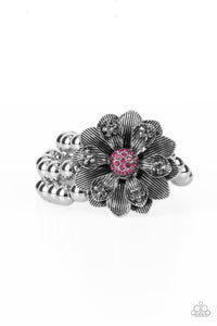 floral,pink,rhinestones,stretchy,Botanical Bravado - Pink Rhinestone Stretchy Bracelet