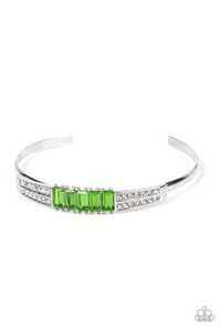 cuff,green,rhinestones,Spritzy Sparkle - Green Rhinestone Cuff Bracelet