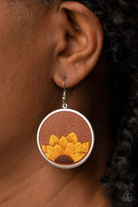brown,fishhook,floral,leather,yellow,Sun-Kissed Sunflowers - Brown Earrings
