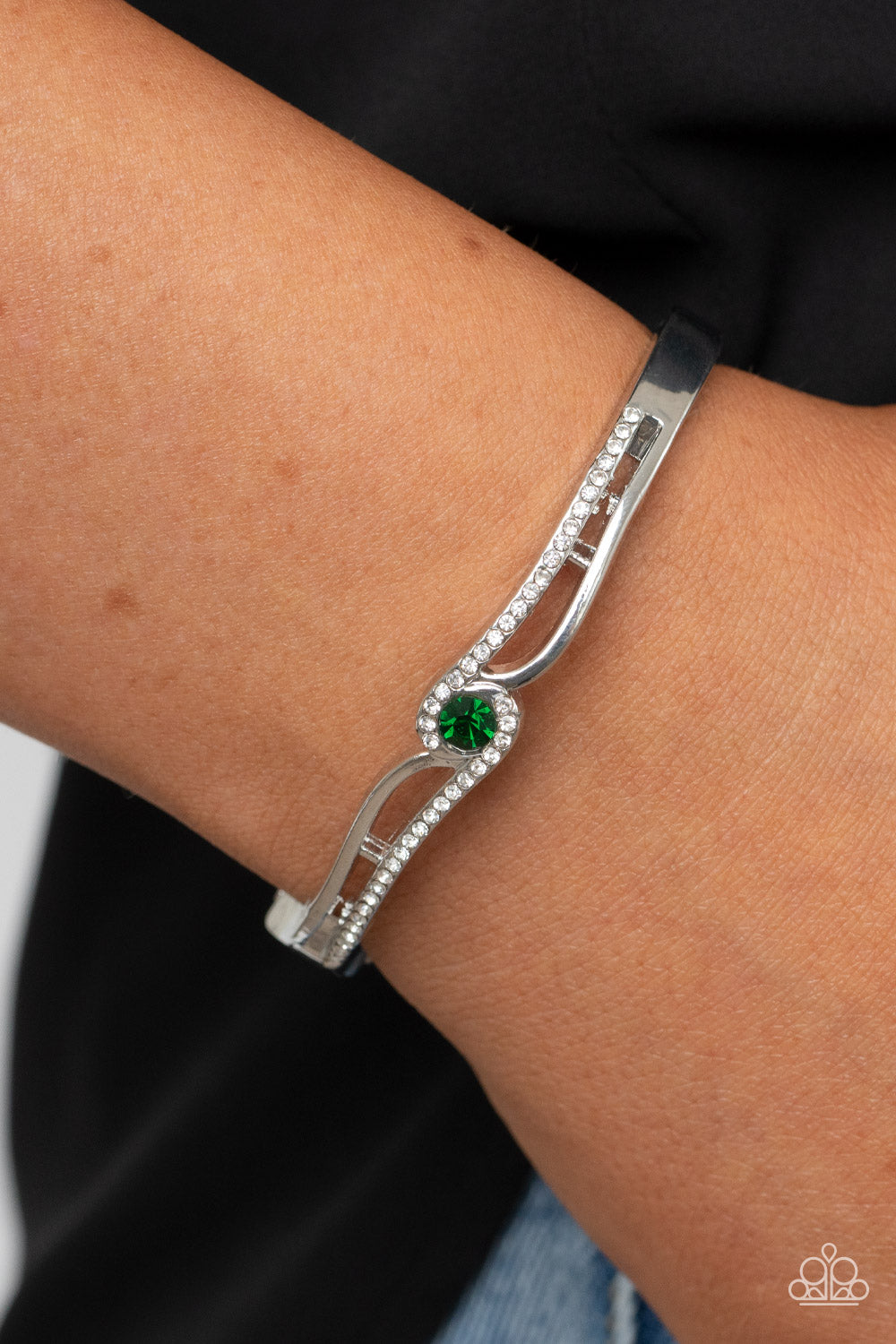 Top-Shelf Shimmer - Green Rhinestone Hinged Bracelet Paparazzi Accessories