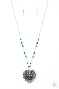 blue,heart,hearts,long necklace,silver,Doting Devotion - Blue Heart Necklace