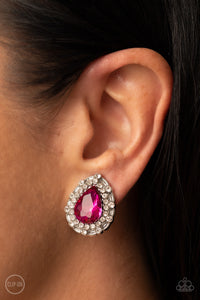 clip-on,pink,rhinestones,Haute Happy Hour - Pink Rhinestone Clip-On Earrings