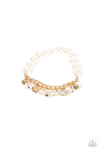 gold,hearts,Pearls,stretchy,Adorningly Admirable - Gold Pearl Stretchy Charm Bracelet