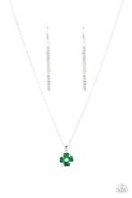 Load image into Gallery viewer, Kiss Me, Im Irish - Green Rhinestone Clover Necklace Paparazzi Accessories