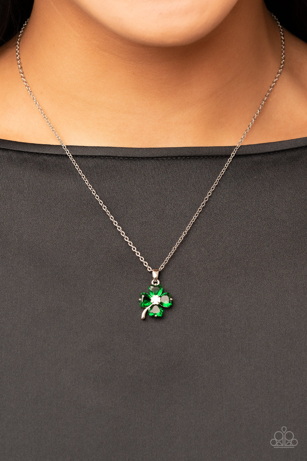 Kiss Me, Im Irish - Green Rhinestone Clover Necklace Paparazzi Accessories