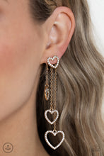 Load image into Gallery viewer, Falling In Love - Gold Heart Rhinestone Jacket Earrings Paparazzi Accessories