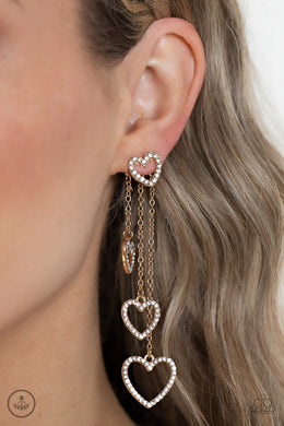 Falling In Love - Gold Heart Rhinestone Jacket Earrings Paparazzi Accessories