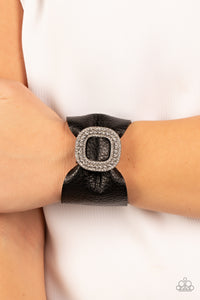 black,leather,rhinestones,snap,wrap,Lights, SELFIE, Action! - Black Rhinestone Leather  Bracelet