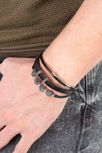 leather,pull-tie,silver,stone,urban,Amplified Aloha - Silver Stone Leather Urban Bracelet