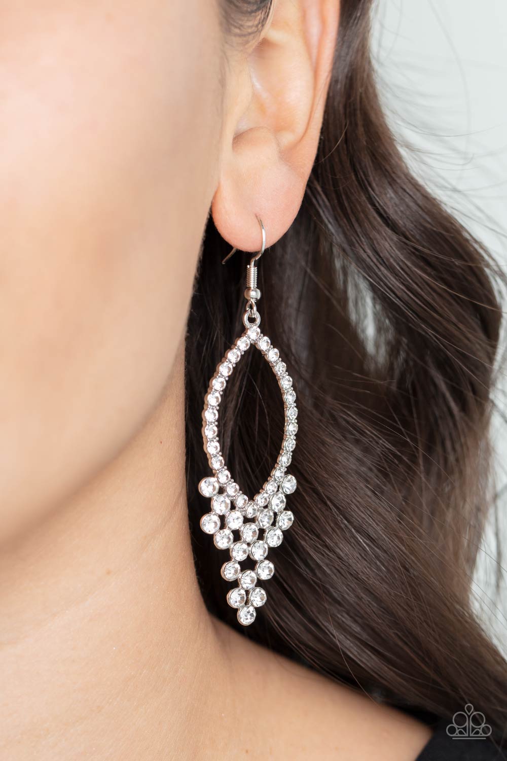 GLOWING off the Deep End - White Rhinestone Earrings Paparazzi Accessories