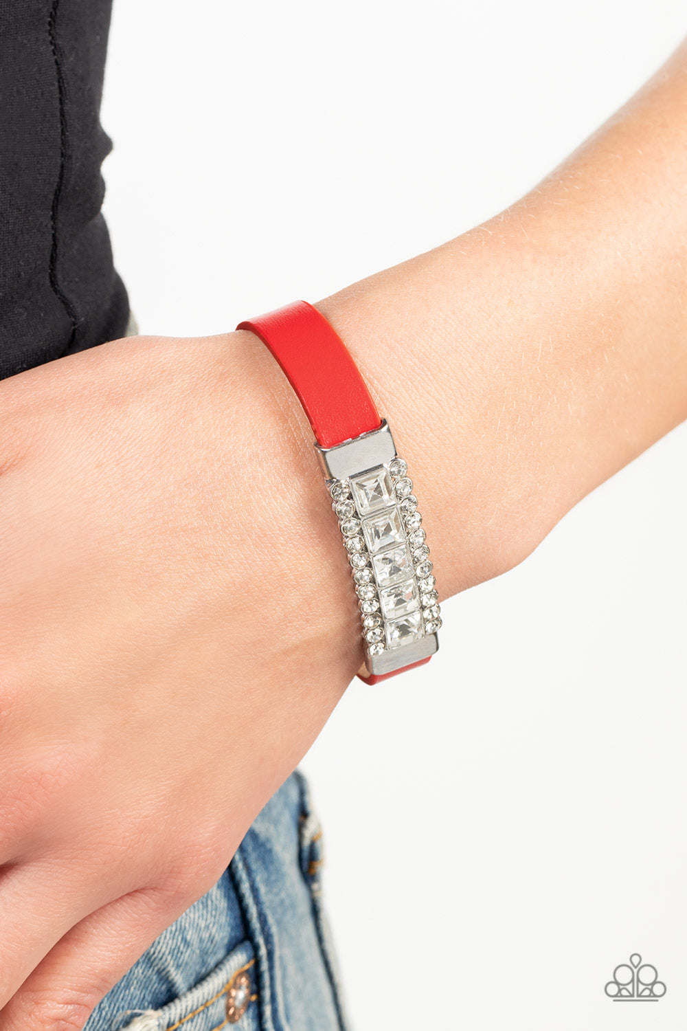 Rebel Reputation - Red Rhinestone Leather Wrap Bracelet Paparazzi Accessories