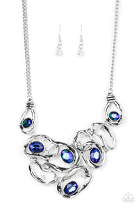 blue,oil spill,rhinestones,short necklace,Warp Speed Blue Rhinestone Necklace