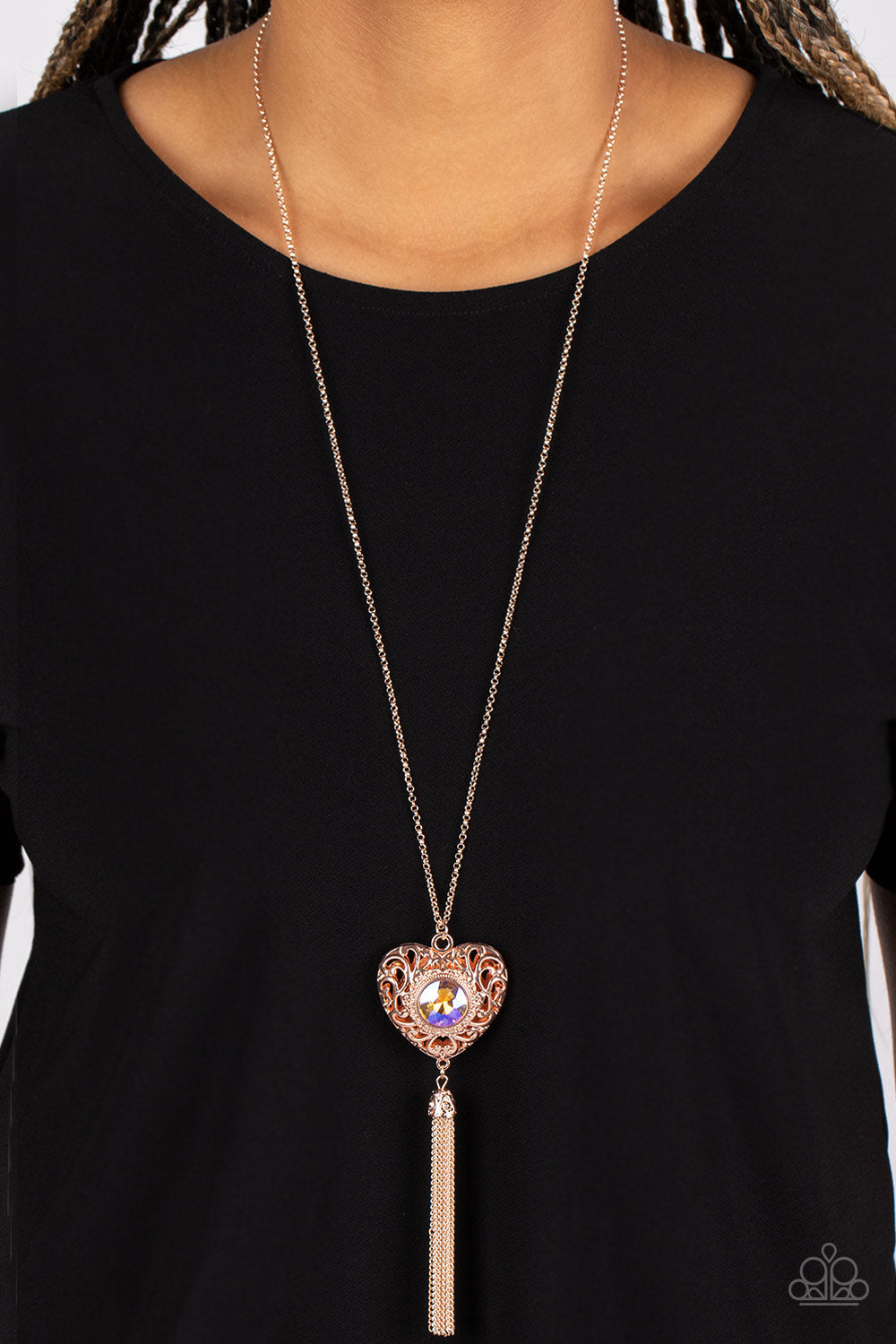 Prismatic Passion - Rose Gold Iridescent Rhinestone Heart Necklace Paparazzi Accessories