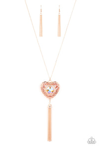 hearts,iridescent,Long Necklace,rhinestones,rose gold,Prismatic Passion - Rose Gold Iridescent Rhinestone Heart Necklace