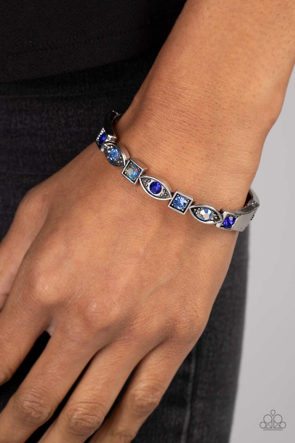 Poetically Picturesque - Blue Rhinestone Hinged Bracelet Paparazzi Accessories