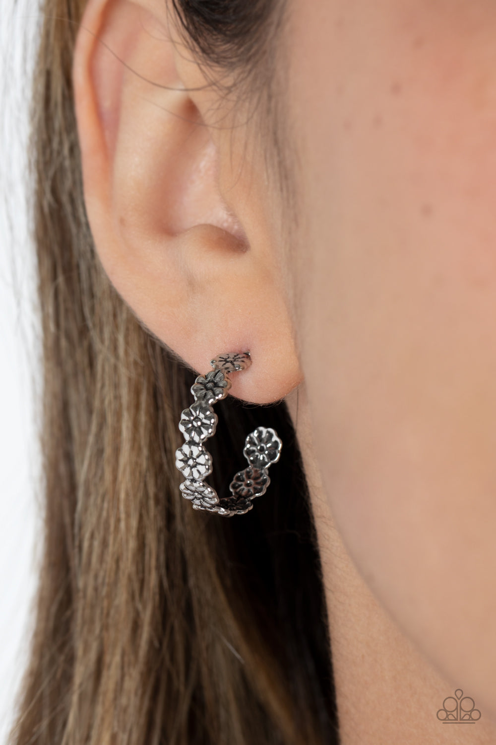 Floral Fad - Silver Floral Hoop Earrings Paparazzi Accessories