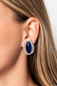 blue,cat's eye,clip-on,Shimmery Statement - Blue Cat's Eye Clip-On Earrings