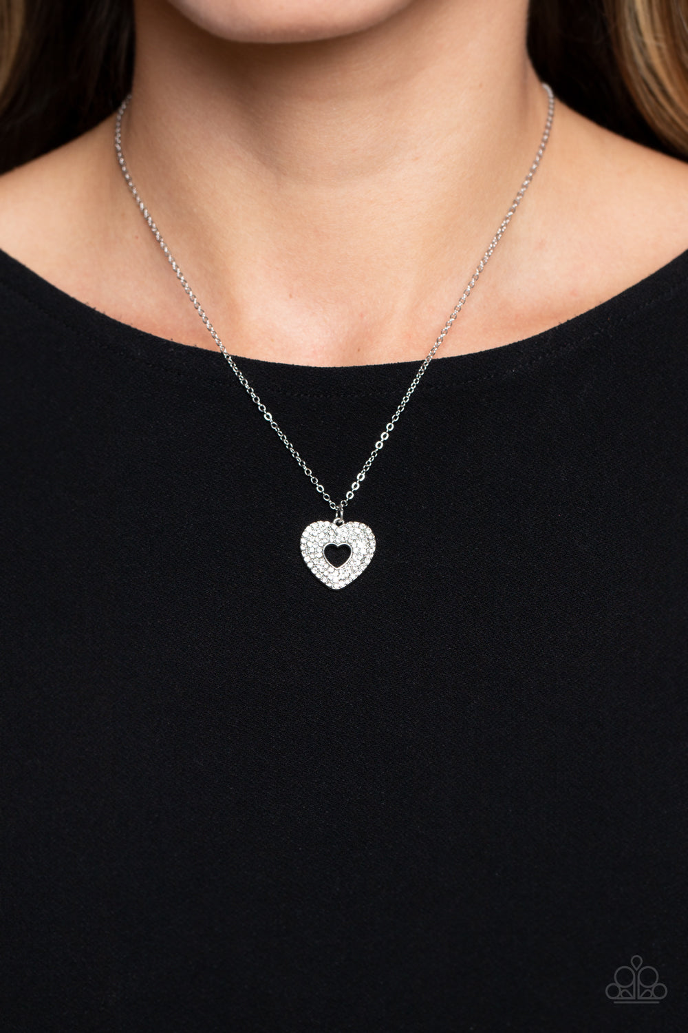 Romantic Retreat - White Rhinestone Heart Necklace Paparazzi Accessories
