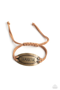 brass,inspirational,leather,pull-tie,Thankful Tidings - Brass Pull-Tie Bracelet