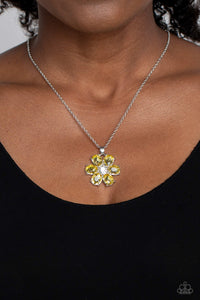floral,rhinestones,short necklace,yellow,Fancy Flower Girl - Yellow Rhinestone Floral Necklace