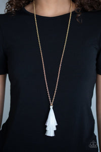 fringe,gold,long necklace,white,Triple The Tassel White Necklace