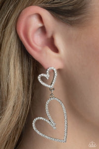 heart,Hearts,post,rhinestones,white,Doting Duo - White Rhinestone Heart Post Earrings