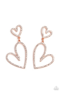 copper,heart,hearts,post,rhinestones,Doting Duo - Copper Heart Rhinestone Earrings