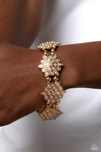 gold,iridescent,multi,rhinestones,stretchy,Scintillating Snowflakes - Multi Rhinestone Gold Stretchy Bracelet