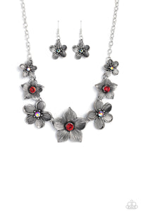 floral,red,rhinestones,short necklace,Free FLORAL - Red Rhinestone Floral Necklace
