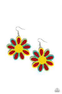 fishhook,floral,red,seed bead,Decorated Daisies - Red Seed Bead Floral Earrings