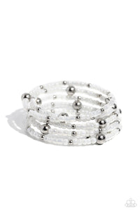 coil,pearls,seed bead,white,Refined Retrograde - White Pearl Seed Bead Coil Bracelet