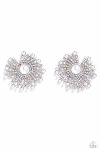 life of the party,pearls,post,rhinestones,white,Fancy Fireworks - White Pearl Rhinestone Post Earrings