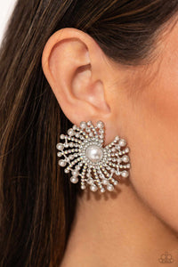 life of the party,pearls,post,rhinestones,white,Fancy Fireworks - White Pearl Rhinestone Post Earrings