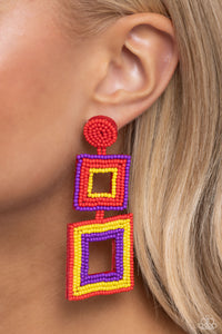 multi,post,purple,red,seed bead,Seize the Squares - Red Seed Bead Post Earrings
