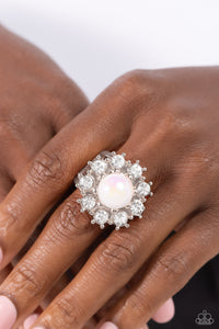 fishhook,floral,rhinestones,white,Wide Back,Elite Enchantment - White Floral Iridescent Ring