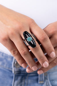 black,blue,crackle stone,floral,turquoise,wide back,Ethereal Effort - Black Floral Ring