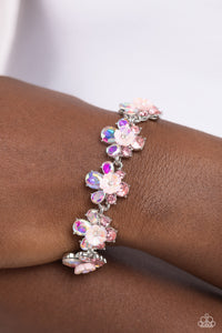 floral,iridescent,Lobster Claw Clasp,pink,rhinestones,Floral Frenzy - Pink Iridescent Rhinestone Floral Bracelet