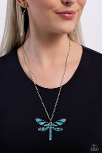 blue,crackle stone,long necklace,turquoise,FLYING Low - Blue Dragonfly Necklace