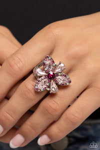 floral,pink,rhinestones,Wide Back,Blazing Blooms - Pink Rhinestone Ring
